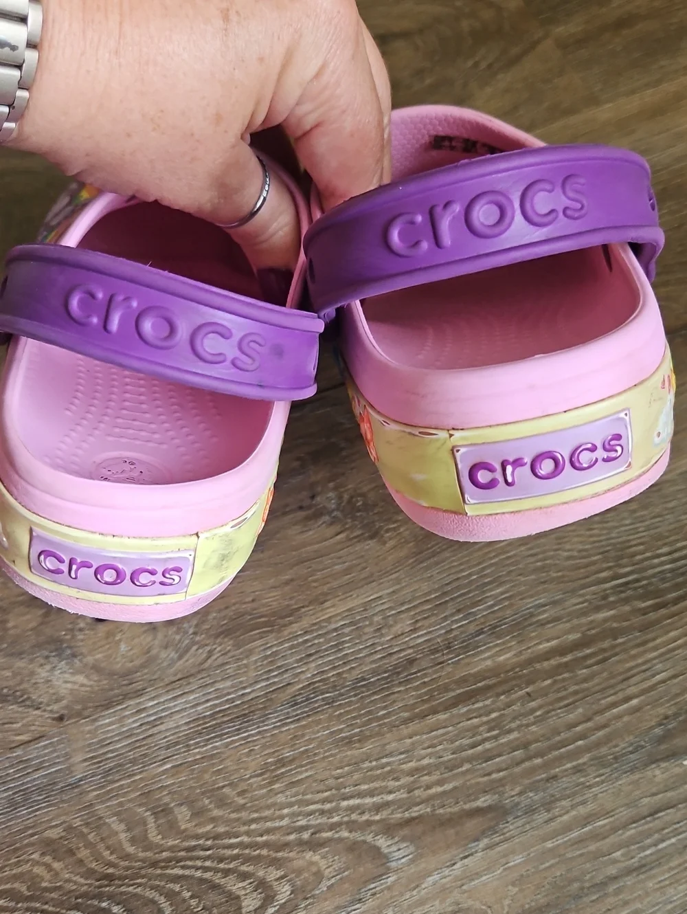 CROCS Pink Clog Sandals with Purple Heel Strap Rainbow and butterfly design